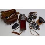 VARIOUS VINTAGE CAMERAS & ACCESSORIES & CARRY BAG, VOIGTLANDER, ROLLOP ETC