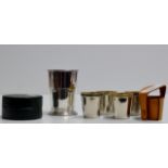 A SET OF 4 SILVER PLATE & ENAMEL WHISKY TOT TRAVEL SHOT CUPS WITH LEATHER CASE, TOGETHER WITH A