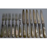 A SET OF 6 EACH STERLING SILVER & MOTHER OF PEARL FRUIT KNIVES & FORKS