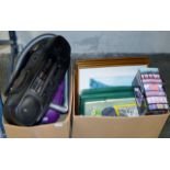 2 BOXES CONTAINING A CYLINDER VACUUM CLEANER, PORTABLE STEREO, FRAMED PICTURES, FISH ORNAMENT,