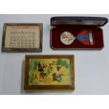 AN EASTERN TRINKET BOX, A SMALL STERLING SILVER PICTURE FRAME & A FAITHFUL SERVICE MEDAL WITH BOX