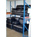 A MODERN BLACK LEATHER 3 SEATER SETTEE WITH MATCHING SINGLE CHAIR & FOOT STOOL WITH 1 OTHER