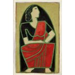 KRISHNA SHAMRAO KULKARNI (INDIAN 1916-1994) WOMAN IN RED SARI Signed with initials, gouache 79cm x