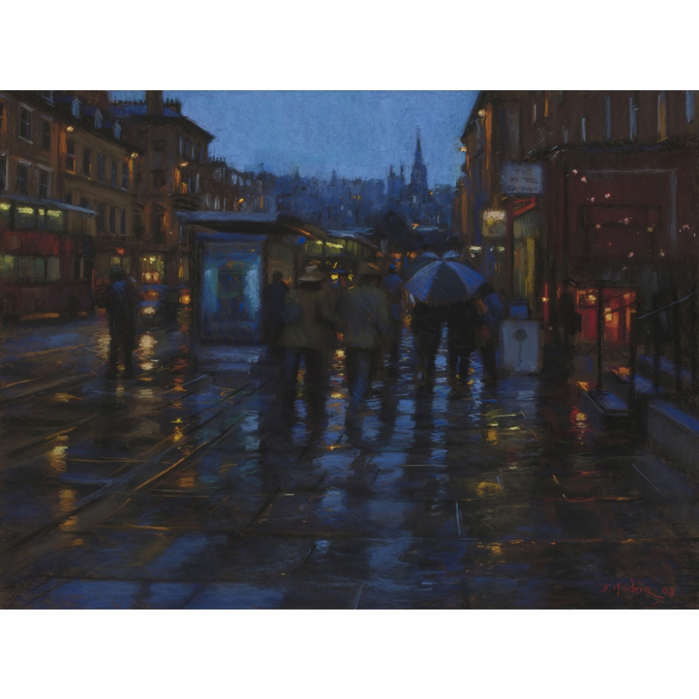 [§] JOHN MACKIE (SCOTTISH B.1953) NIGHTFALL, HANOVER STREET Signed and dated '08, pastel 59cm x 80cm