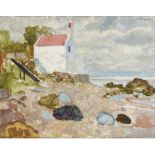 [§] ALBERTO MORROCCO O.B.E., R.S.A., R.S.W. (SCOTTISH 1917-1998) BEACH WITH WHITE TOWER, C.1957