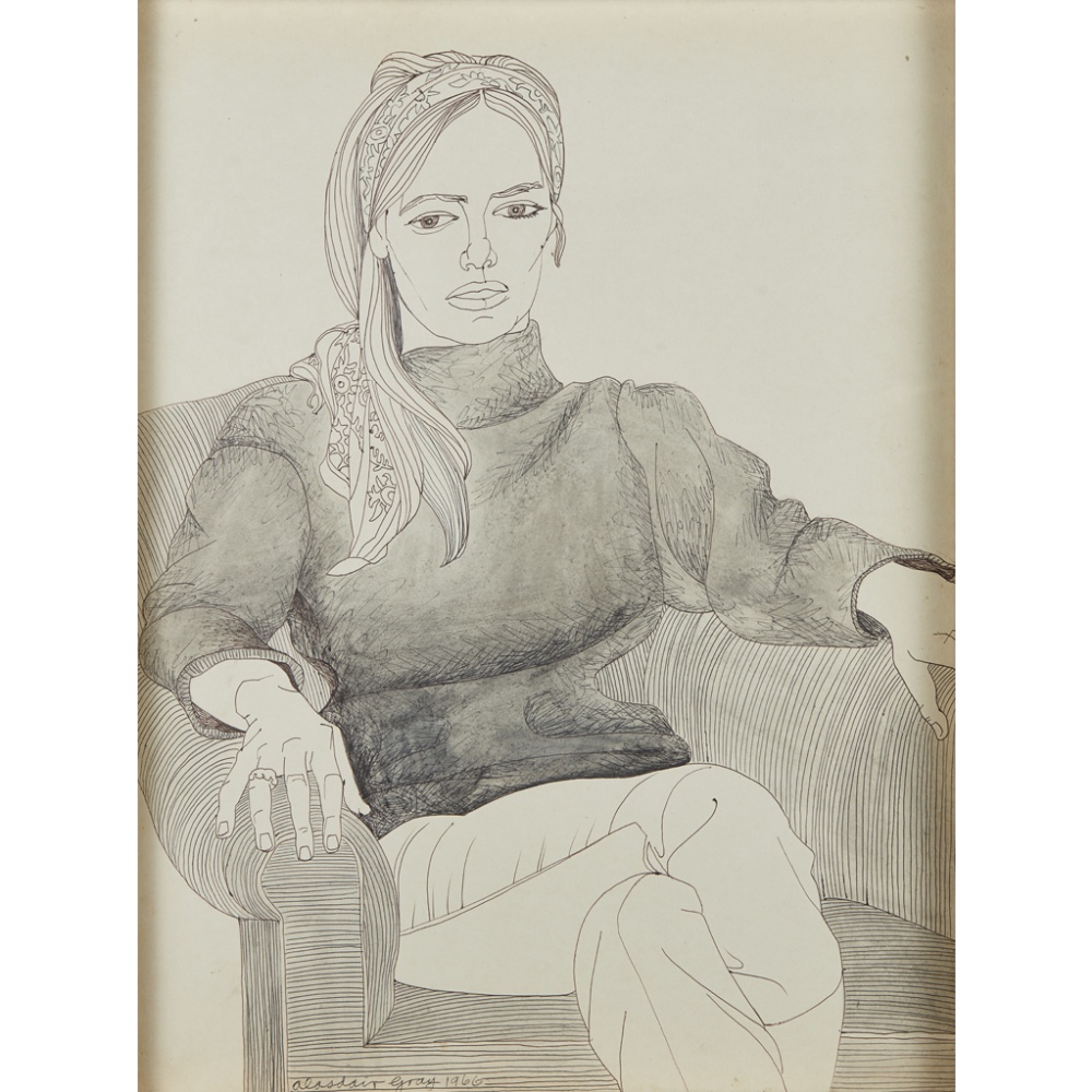 [§] ALASDAIR GRAY (SCOTTISH B.1934) SEATED WOMAN WITH HEADSCARF Signed and dated 1966, biro and
