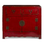 RED LACQUER SIDEBOARD20TH CENTURY with a pair of hinged doors below two drawers, fitted with metal