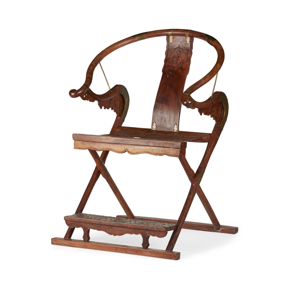 HARDWOOD FOLDING HORSESHOE-BACK ARMCHAIR, JIAO YIEARLY 20TH CENTURY the high rounded crestrail