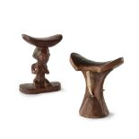 LUBA HEADREST AND ETHIOPIAN HEADREST carved wood, the Luba with female figure, lozenge panels of