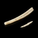 INUIT HARPOON HEAD AND CRIBBAGE BOARD carved whale rib and bone, a barbed harpoon head and