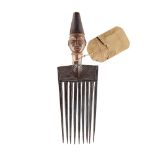 CHOKWE COMB carved wood, carved head finial wearing a tall conical hat, with incised ornament on