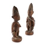 YORUBA IBEJI TWIN PAIR carved wood and beads, two female figures with crested coiffures, beads and