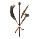 ZULU AXE, FLY WHISK AND KNOBKERRIE consisting of; wood and trade iron axe, the blade flares out into