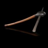 BEMBA CEREMONIAL AXE carved wood and forged iron, the cyclindrical shaft with a subtle curve leading