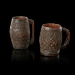 PAIR OF KUBA PALM WINE CUPS carved wood, with a fine criss-cross design and deep brown patina 13cm