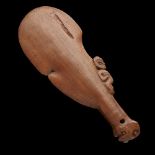 MAORI WAHAIKA CLUB carved wood, with a full-figure tiki on the blade and tiki head on the base of