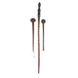 PAIR OF KNOBKERRIES AND TSONGA STAFF carved wood, the knobkerries with spherical finials, the Tsonga