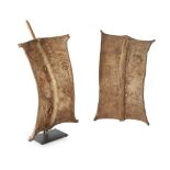 PAIR OF TOPOSA SHIELDS hide, both rectangular with central supporting wooden pole, the centre of