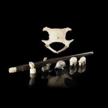 COLLECTION OF INUIT CARVED ANIMALS, HARPOON AND BONE SCULPTURE comprising of a soapstone seal and