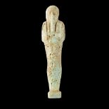 ANCIENT EGYPTIAN SHABTI LATE PERIOD 664 - 332 BC moulded faience, shown in mummiform pose, wearing
