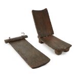 PYGMY BED AND ETHIOPIAN TWO-PIECE CHAIR carved wood, the chair consisting of two pieces of wood with