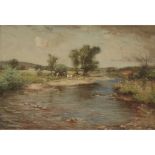 JOSEPH MORRIS HENDERSON R.S.A. (SCOTTISH 1864-1936)RIVER LANDSCAPE WITH CALVES Oil on canvas76cm x