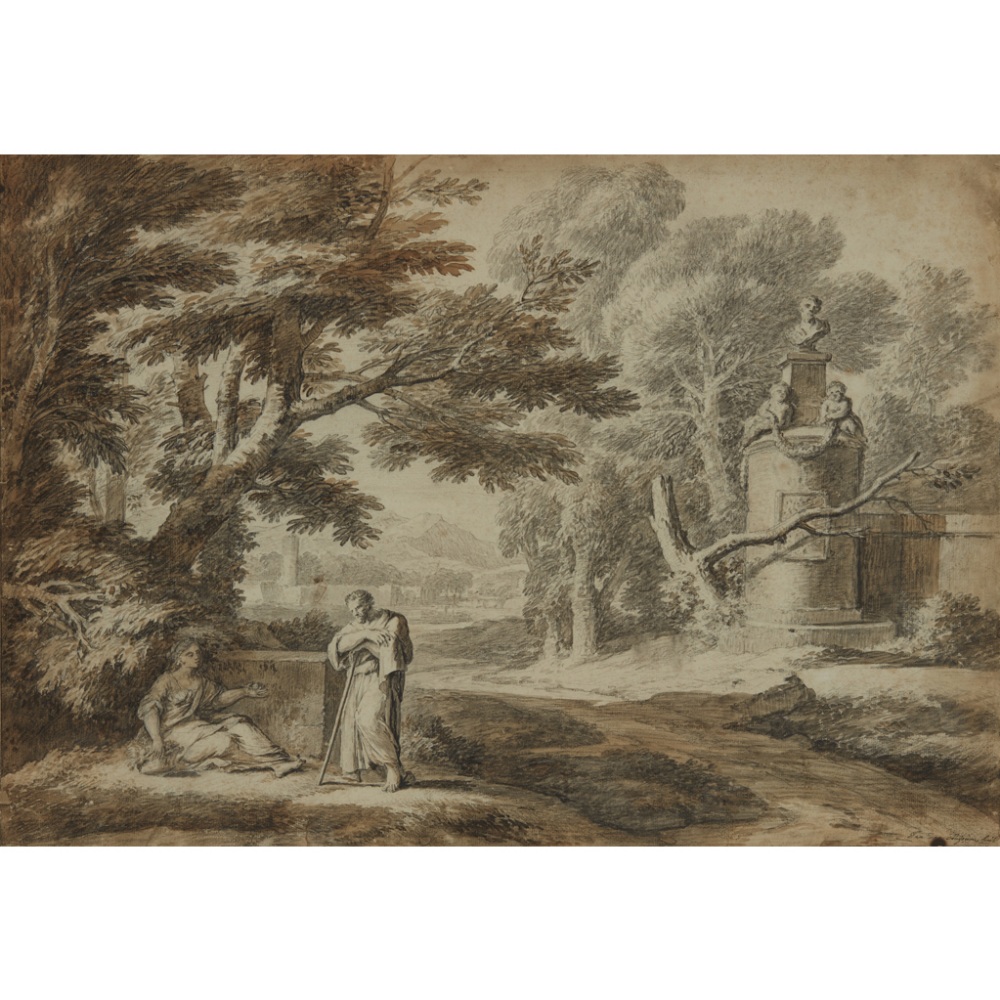 JAN VAN HUYSUM (DUTCH 1682-1749)FIGURES IN AN ARCADIAN LANDSCAPE Signed, black chalk and coloured