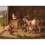 [§] EDGAR HUNT (BRITISH 1876-1953)CHICKENS AND GOATS IN A BYRESigned and dated 1938, oil on canvas