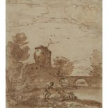 GIOVANNI FRANCESCO GRIMALDI (ITALIAN 1606-1680)A CLASSICAL LANDSCAPE WITH FIGURES AND TOWER Pen