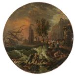 FOLLOWER OF JEAN BAPTISTE PILLEMENTFIGURES ON THE COAST DURING A STORM Oil on card, laid down,