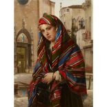 JOAQUIM CUADRAS (SPANISH 19TH CENTURY)THE STRIPED SHAWL Signed and inscribed 'Venezia,' oil on