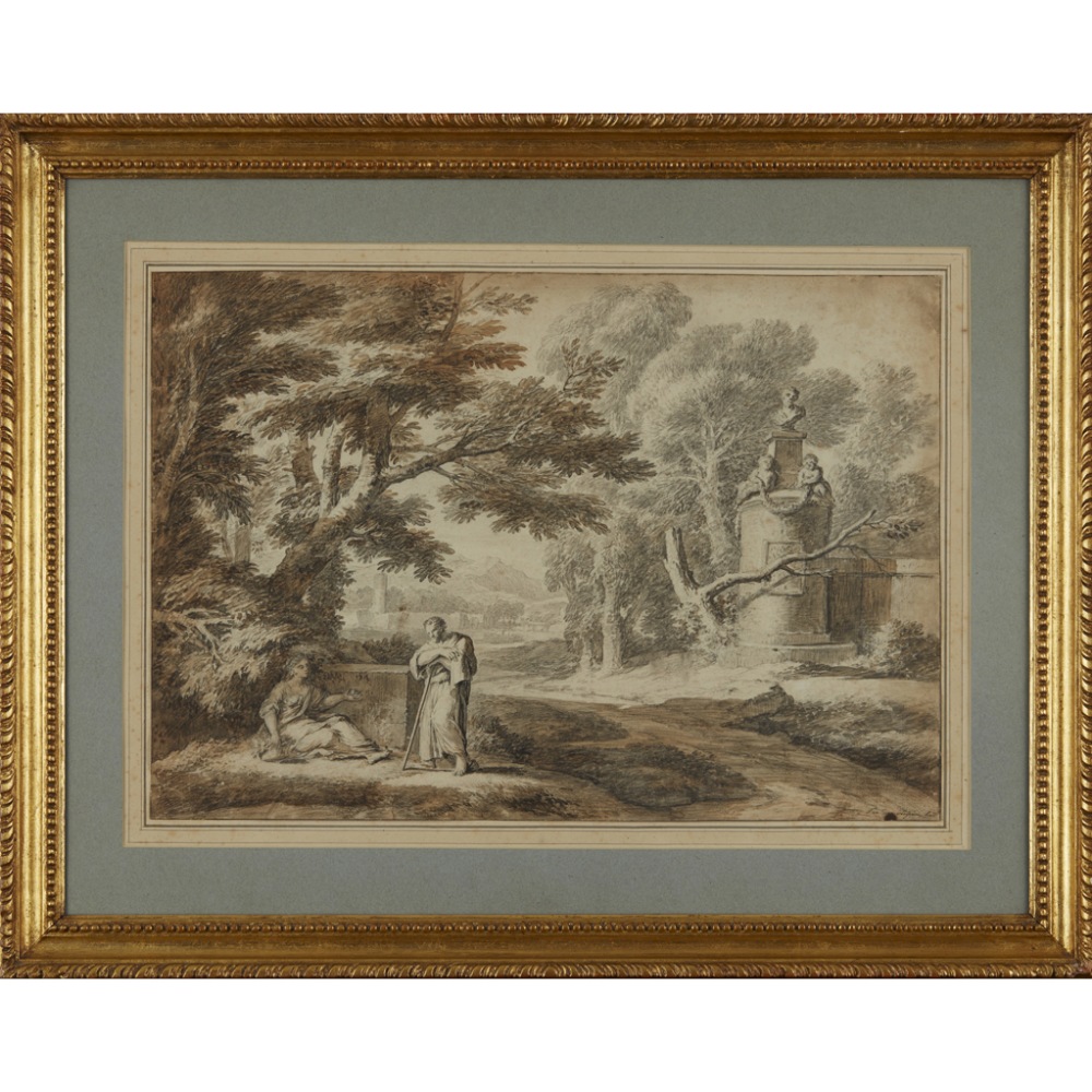 JAN VAN HUYSUM (DUTCH 1682-1749)FIGURES IN AN ARCADIAN LANDSCAPE Signed, black chalk and coloured - Image 2 of 2
