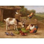 [§] EDGAR HUNT (BRITISH 1876-1953)CHICKENS, DOVES AND GOATS BY A WATER BUTTSigned and dated 1938,