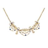 An Edwardian diamond, sapphire and seed pearl set necklaceof open foliate and swag design, set