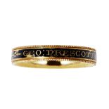 A memento mori ringthe black enamel ground, with gold lettering reading 'GEO PRESCOTT ESQ OB 20