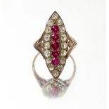 A ruby and diamond ringof navette outline, set with a central row of five round cut rubies, in a