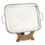 A modern twin handled trayJ*ltd., Birmingham 1929, of rounded rectangular form with gadrooned rim,