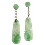A pair of jade and diamond set pendant earringseach claw set with a circular jade cabochon,