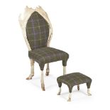 A SCOTTISH CHILDS ANTLER CHAIR AND STOOL CIRCA 1900 the chair with antler framed upholstered back