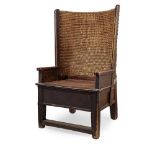 A SCOTTISH PINE AND ELM-FRAMED ORKNEY CHAIR EARLY TO MID-19TH CENTURY the curved woven straw back