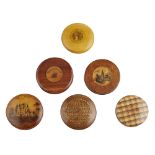 A GROUP OF MAUCHLINE WARE SNUFF BOXES LATE 19TH CENTURY comprising SIX CIRCULAR BOXES, including a