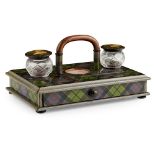 A MAUCHLINE 'TARTAN WARE' INKSTAND LATE 19TH CENTURY covered in Leslie tartan with two moulded glass