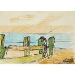 [§] JOHN BRATBY R.A. (BRITISH 1928-1992) PATTI AND HER STICK - WINCHELSEA BEACH, BREAKWATER Signed