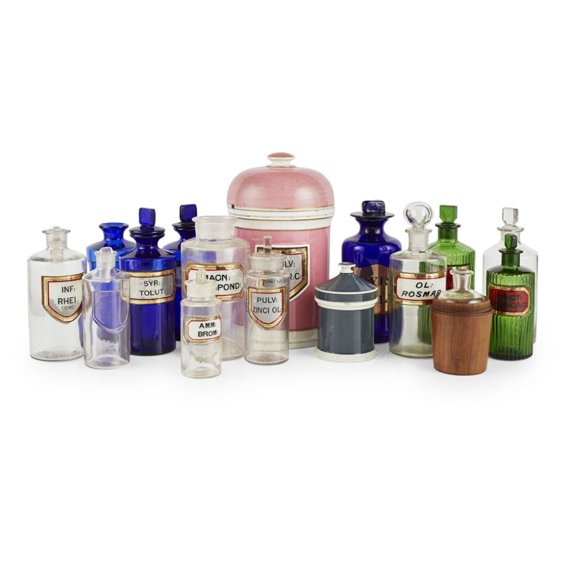 GROUP OF PHARMACEUTICAL JARS AND BOTTLES LATE 19TH/EARLY 20TH CENTURY comprising clear, blue and