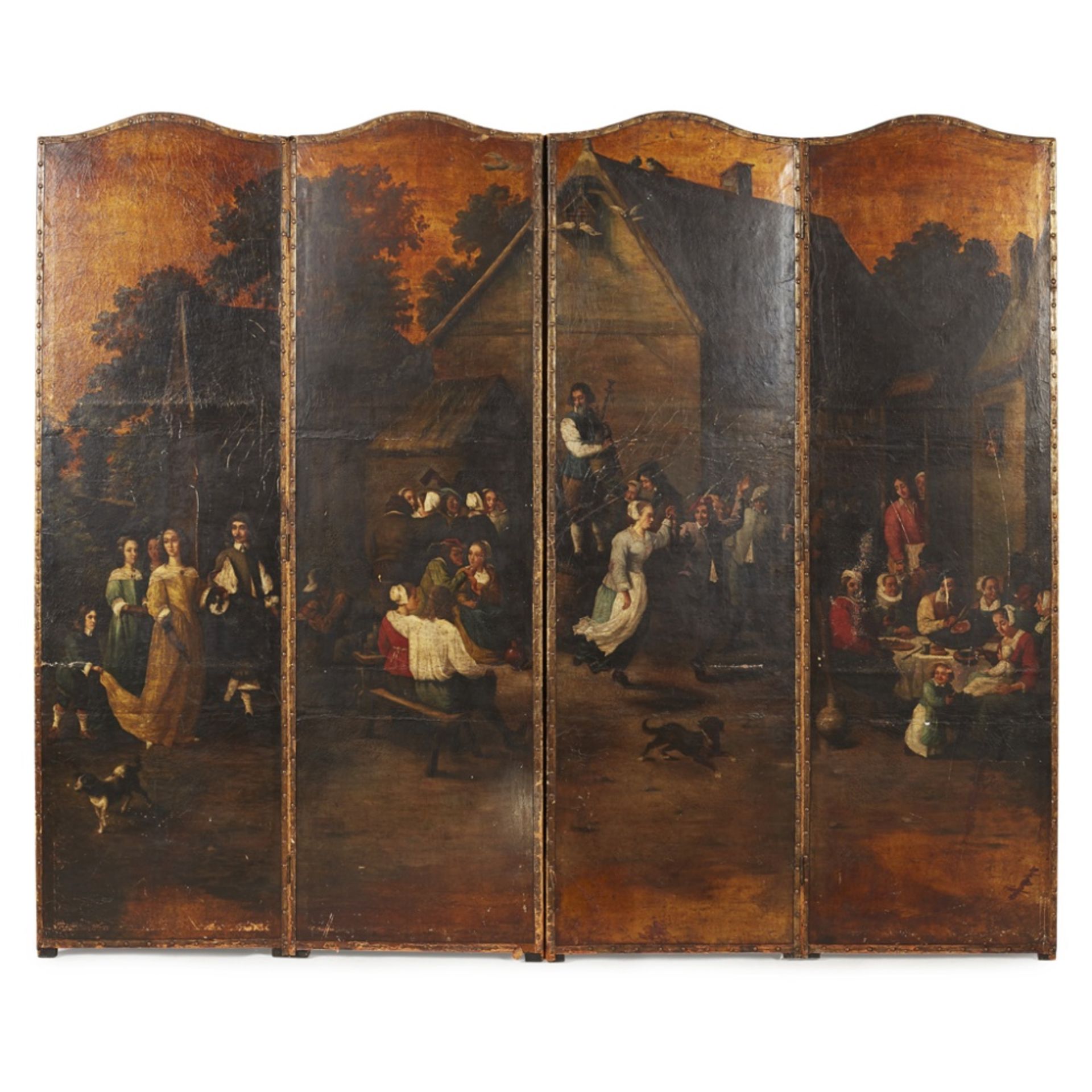 PAINTED LEATHER FOUR-FOLD SCREEN EARLY 19TH CENTURY each arched panel painted with a continuous - Image 2 of 2