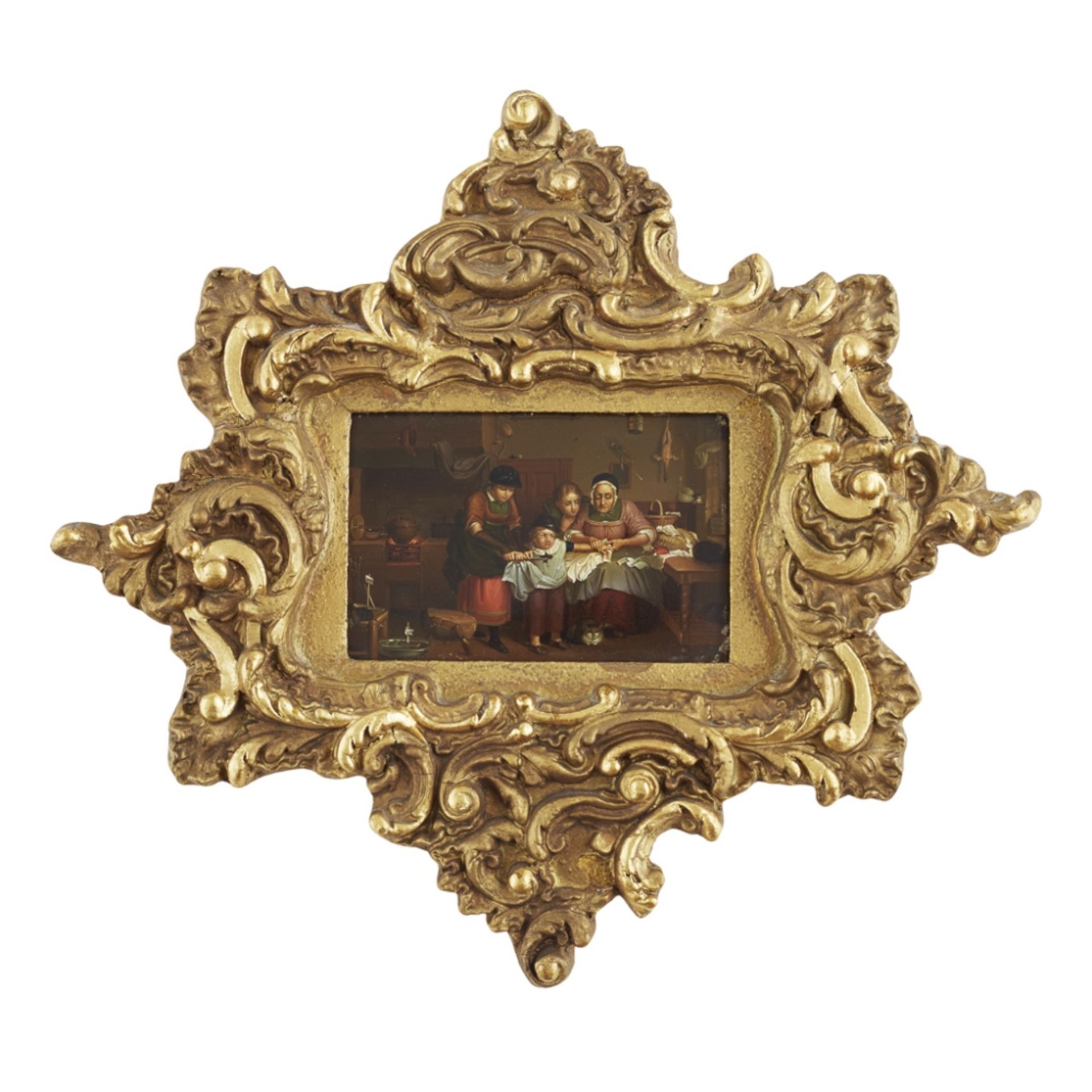 MINIATURE PAINTING, AFTER DAVID WILKIE THE CUT FINGER oil on a tin box cover, in a giltwood and