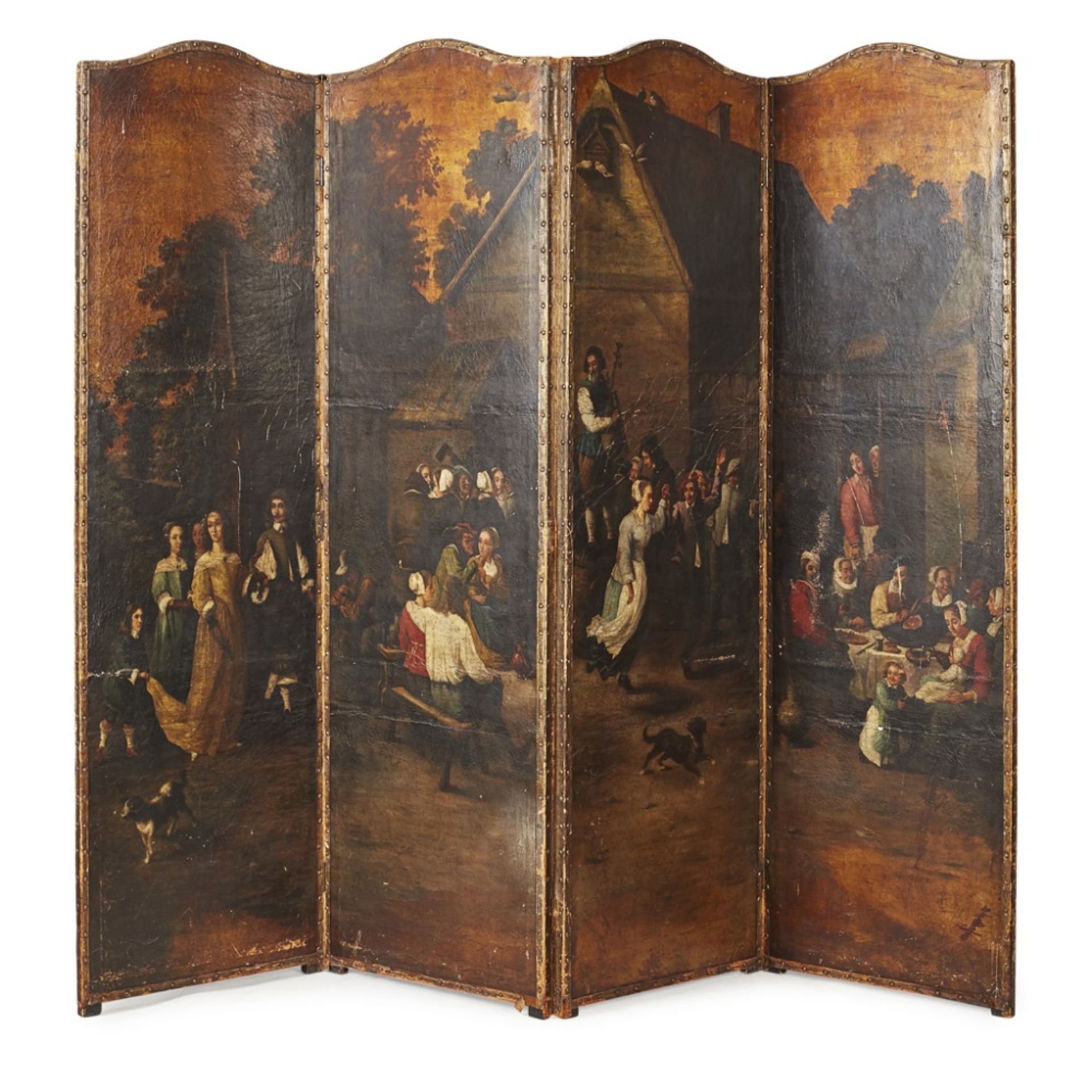 PAINTED LEATHER FOUR-FOLD SCREEN EARLY 19TH CENTURY each arched panel painted with a continuous