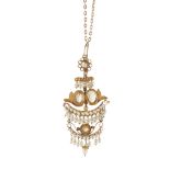 A continental citrine and pearl set pendantconverted from an earring, collet set with three oval and