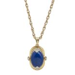 A lapis lazuli and diamond set pendant with chainthe oval lapis lazuli cabochon applied at top and