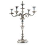 A plated four branch candelabrathe central light with four leaf clasped arms, with beaded